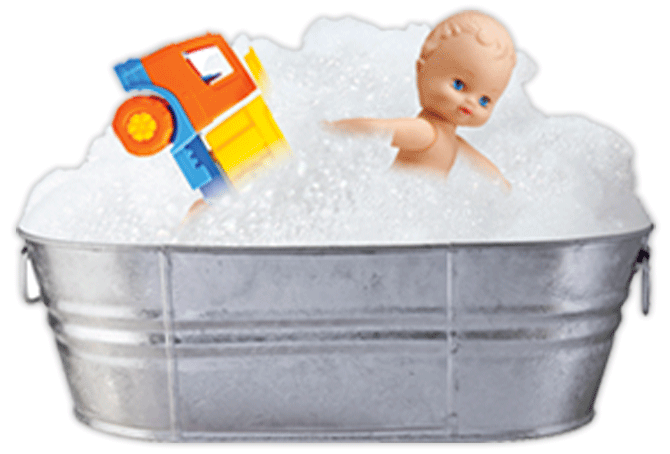 Toys in a tub with suds