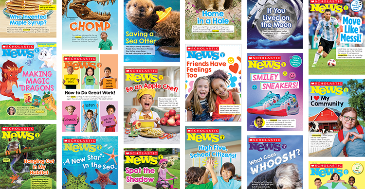 Collage of Scholastic News magazine covers for early readers on varied topics