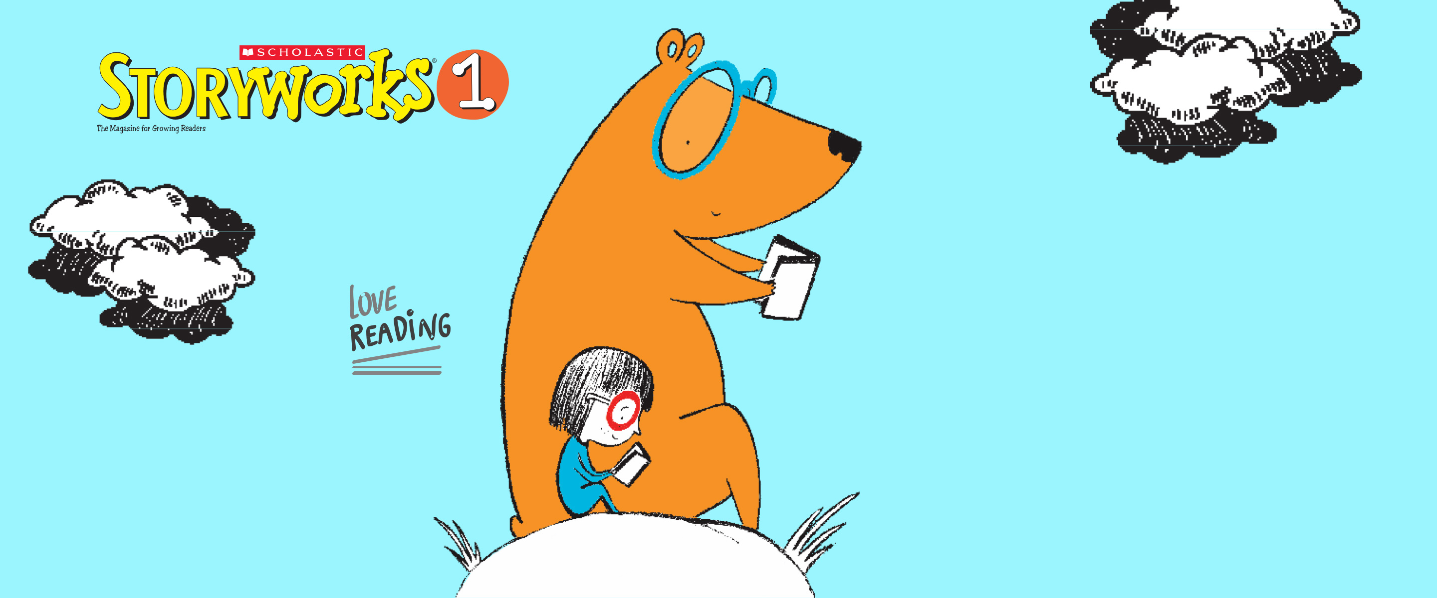 Illustration of a bear reading a book with a child. 